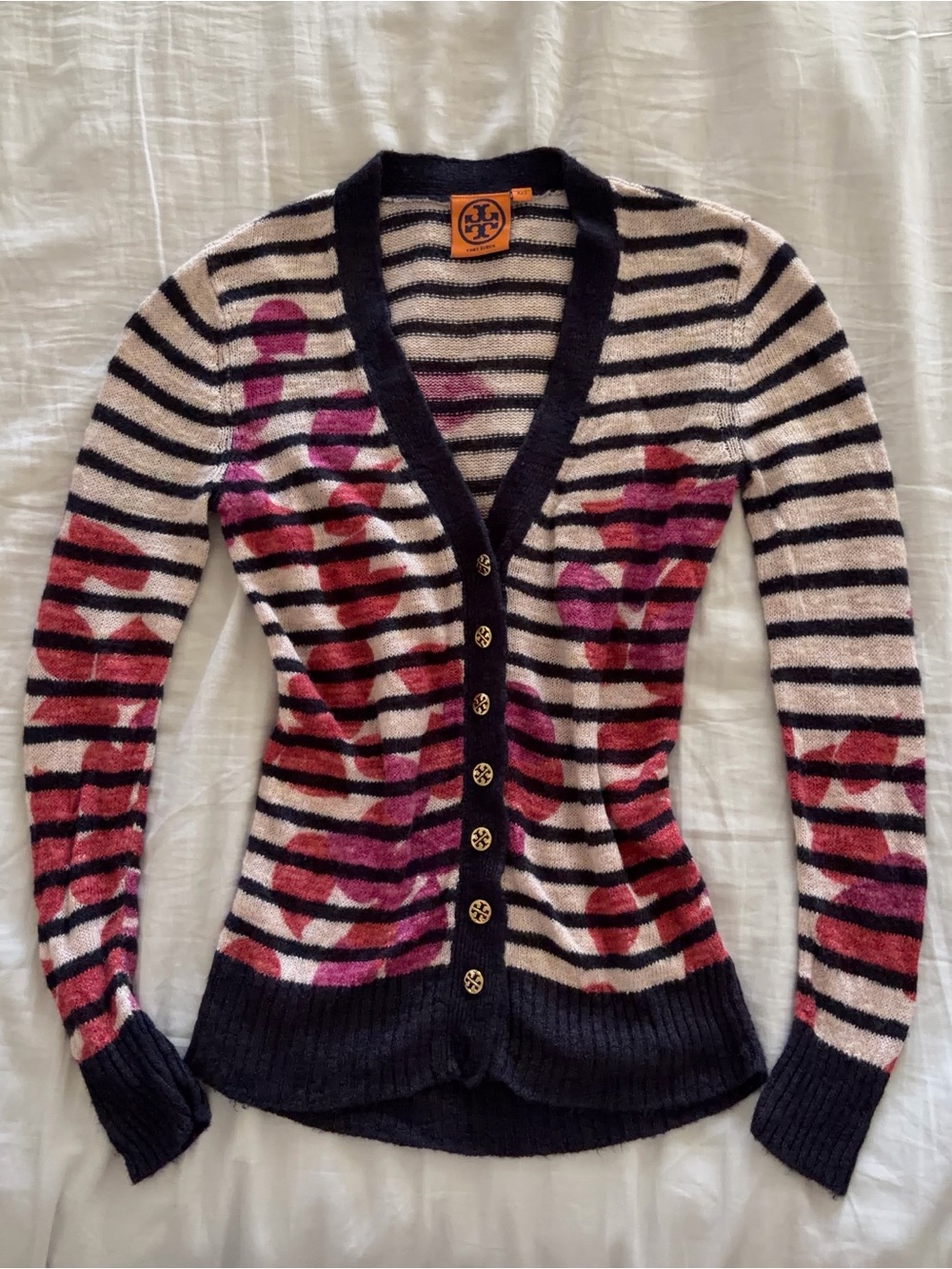 Tory Burch Black Cream Striped Cardigan with Pink Red Floral Motif